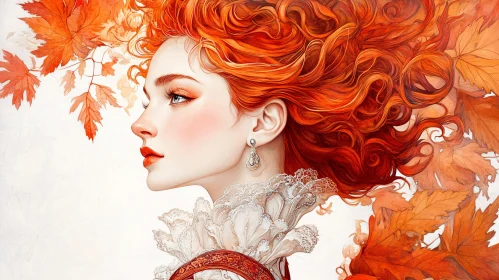 Fiery Haired Woman with Autumn Leaves