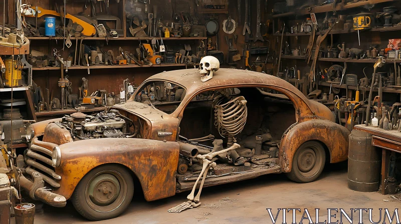 Vintage Car with Skeleton Remains AI Image