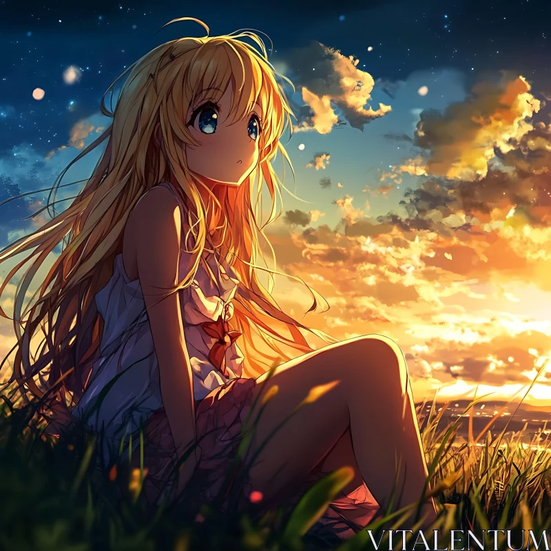 Serene Anime Scene with Girl and Sunset AI Image