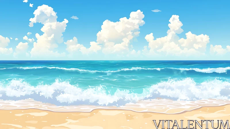 Peaceful Seashore with Gentle Waves and Clouds AI Image