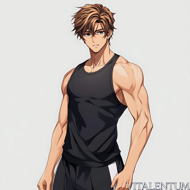 Anime Character with Muscular Build in Workout Attire AI Image