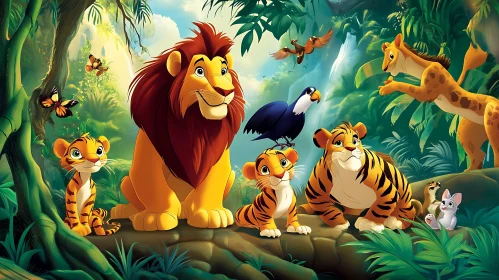 Cartoon Animals in Tropical Jungle Scene