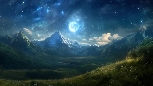 Starlit Mountain Landscape with Glowing Moon