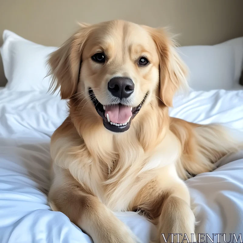 Happy Golden Retriever Resting on White Sheets AI Image