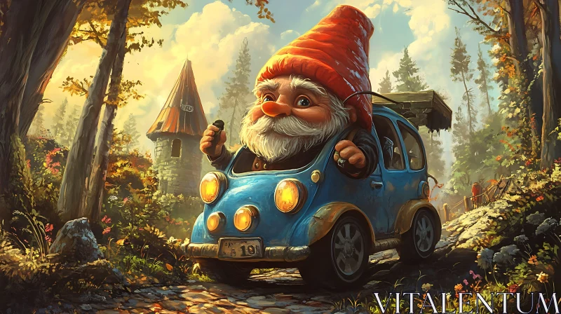 AI ART Whimsical Gnome Driving Through Enchanted Forest