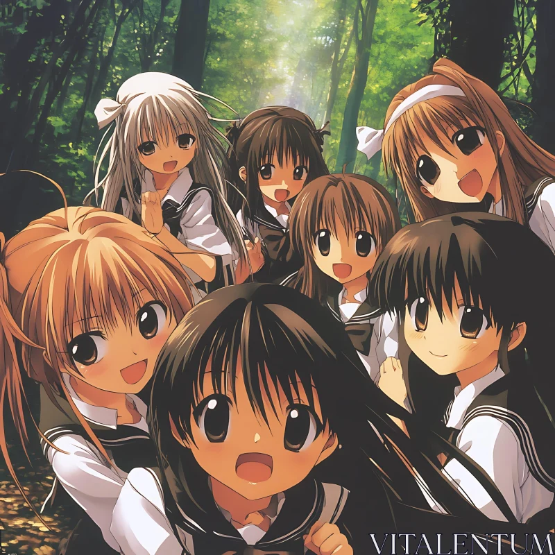 Friends in School Uniforms in a Forest AI Image