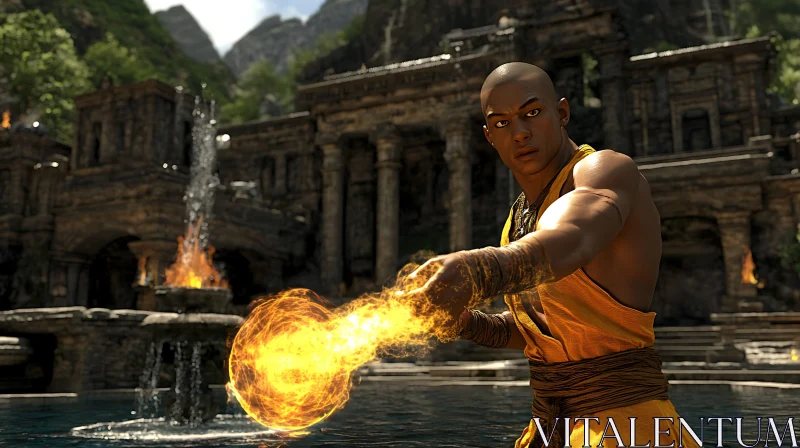 Mystic Monk Conjuring Fire in Temple AI Image