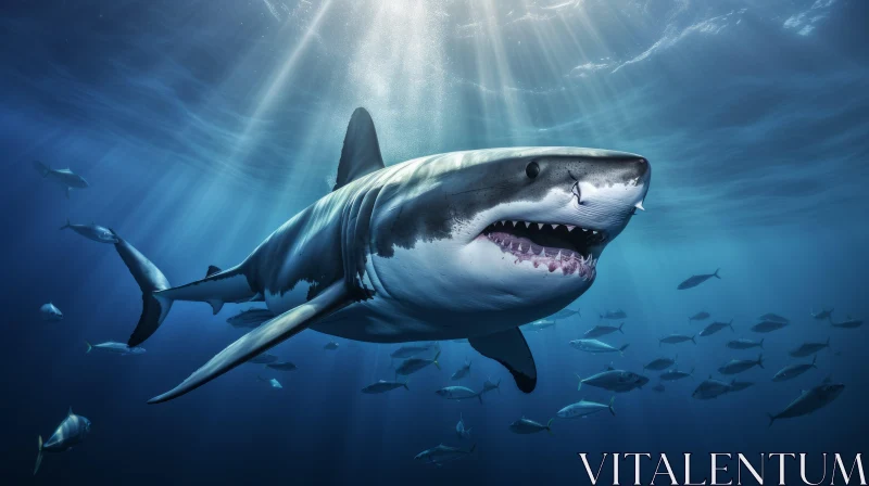 Great White Shark Swimming Under Sunlight AI Image