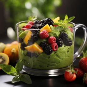 Green Smoothie and Fresh Fruit in a Dark-Styled Bowl