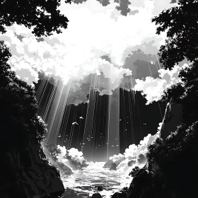 Monochrome River Landscape with Sun Rays