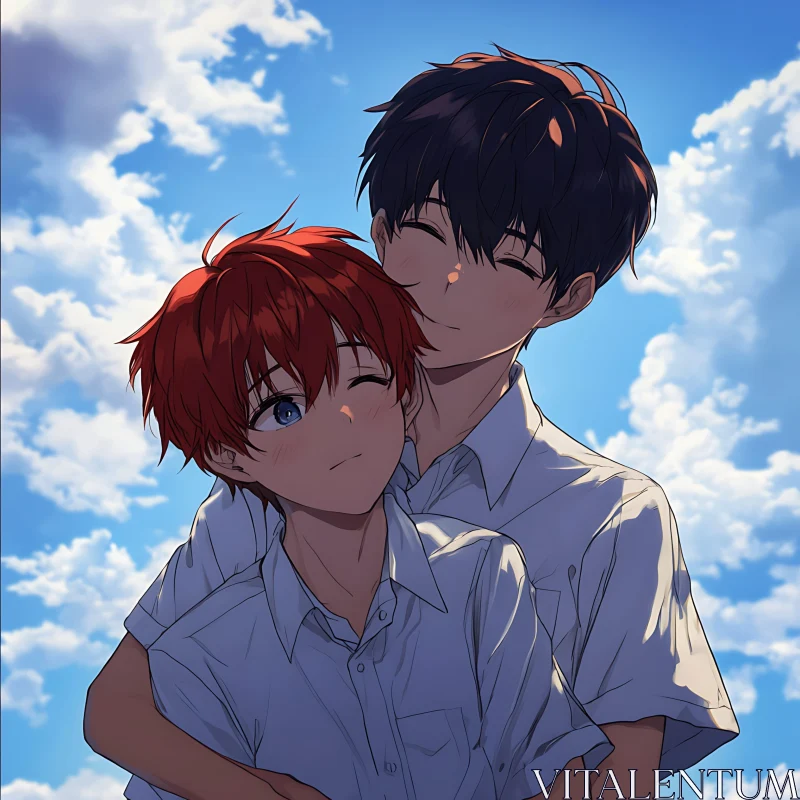 Anime Embrace - Red and Dark Haired Siblings AI Image