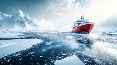 Arctic Expedition: Red Ship Amidst Icebergs