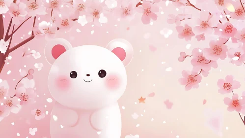 Adorable Bear Illustration with Pink Blossoms