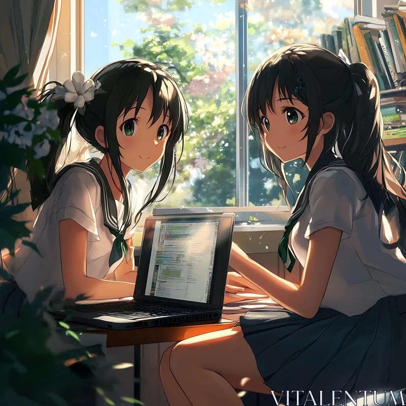 Schoolgirls in Sunlit Room with Laptop | Anime Art AI Image