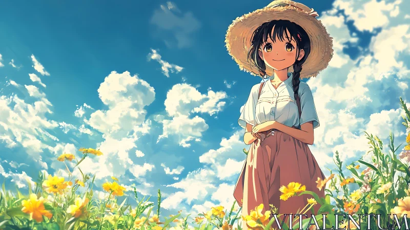 Anime Girl with Straw Hat in Summer Field AI Image