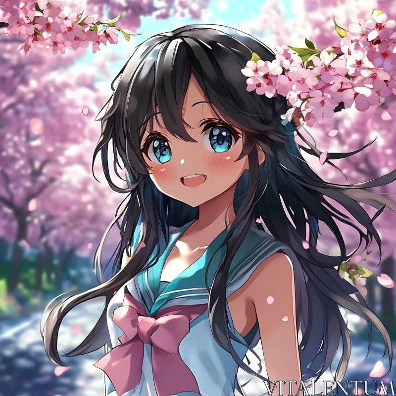 Joyful Anime Portrait of Girl in Sakura Garden AI Image