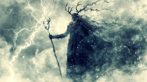 Ancient Wizard with Antlers in Storm