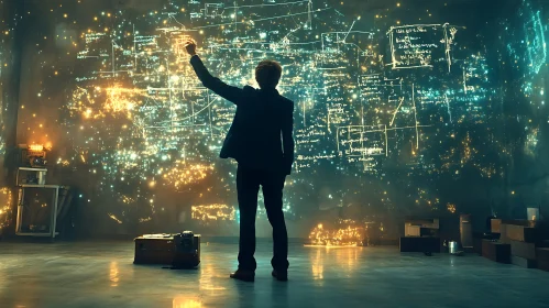 Man in Suit Before Starry Equations