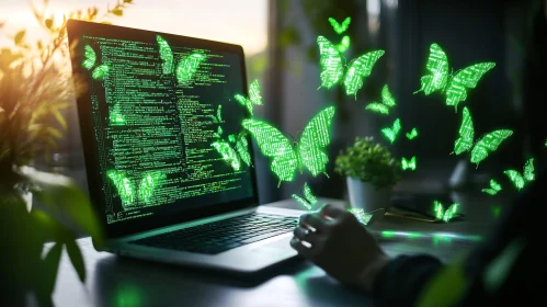 Green Butterflies and Code on Laptop Screen