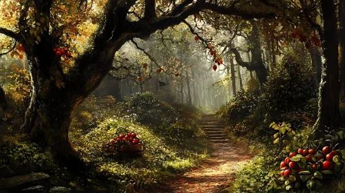 Serene Forest Pathway with Apples