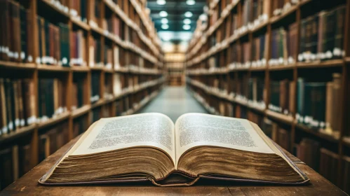 Old Book on Wooden Table in Library