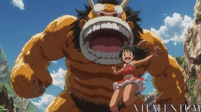 Animated Fantasy: Girl and Giant Monster in Action AI Image