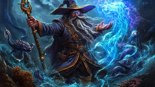 Mystical Wizard Conjuring Magic Underwater