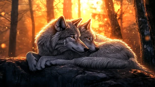 Two Wolves Embracing in the Forest