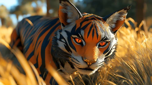 Striking Tiger Portrait in Golden Field
