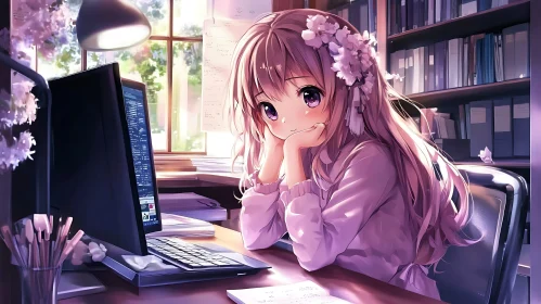 Anime Girl at Work Desk