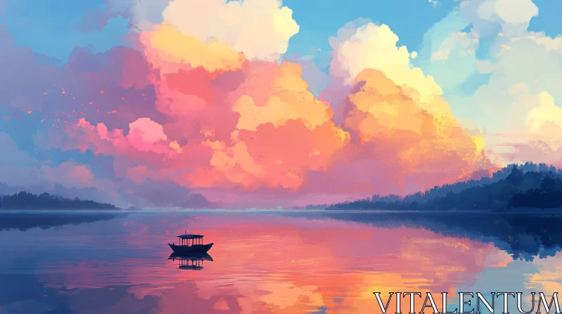 Tranquil Lake Sunset with Boat Reflection AI Image