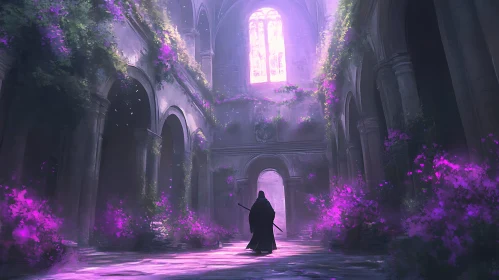 Mysterious Figure in Floral Gothic Architecture