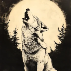 Monochrome Wolf Howl Under Full Moon