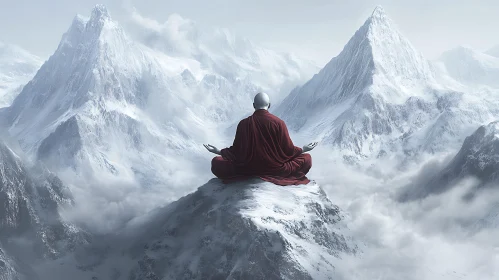 Monk Meditating in the Snowy Mountains