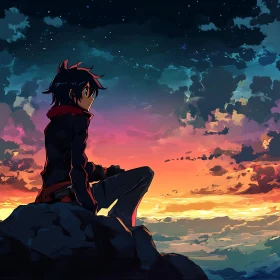 Contemplative Anime Figure Overlooking a Sunset