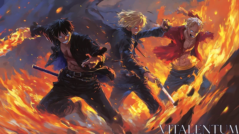 Epic Anime Swordfight Amidst Flames AI Image