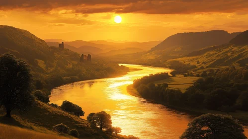 Scenic Sunset with River, Castles, and Hills