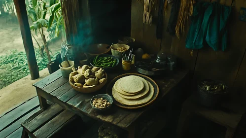 Rustic Table with Traditional Food