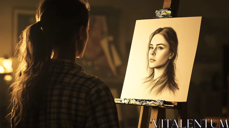 AI ART Studio Scene with Artist and Pencil Portrait