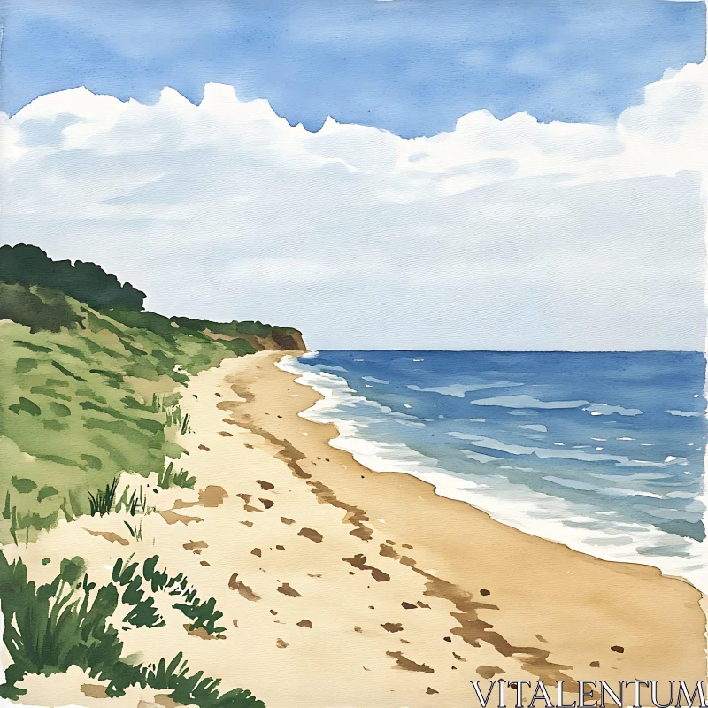 AI ART Peaceful Beach Watercolor Painting