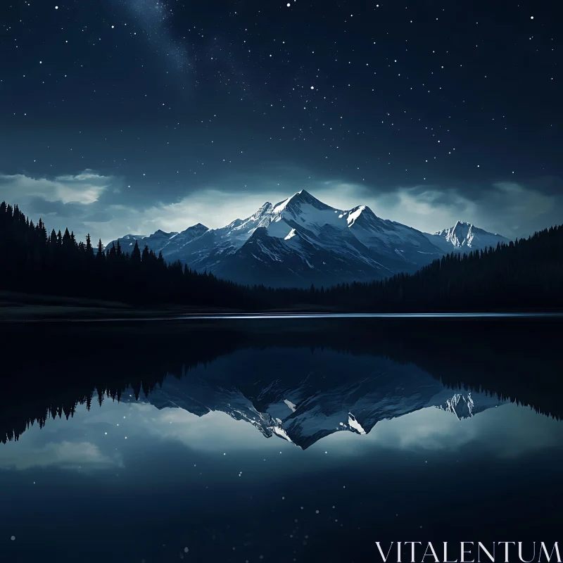 Still Waters, Mountain Peaks, Night Scene AI Image