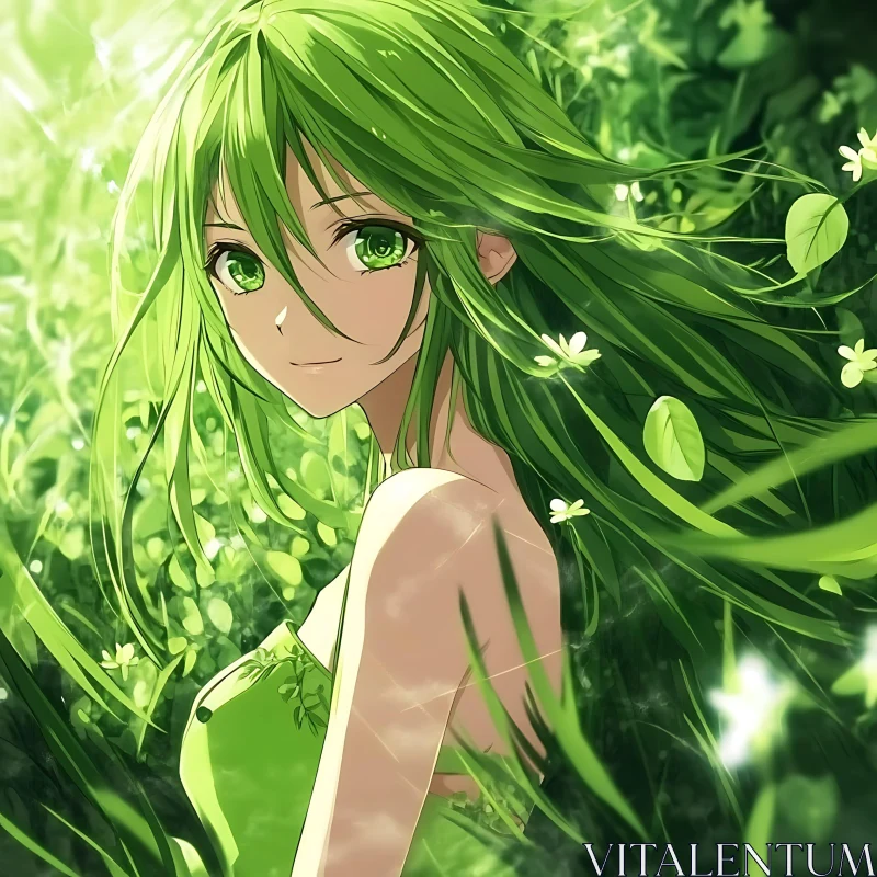 Green-Haired Anime Girl in Lush Nature Setting AI Image