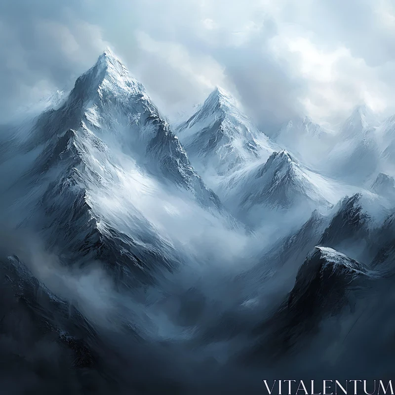 Snowy Peaks Through Misty Veil AI Image