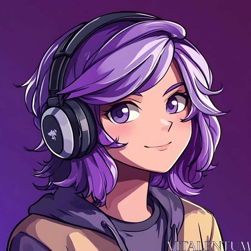 Purple-Haired Anime Character with Headphones AI Image