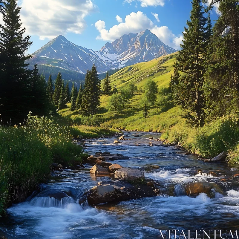 Picturesque Mountain River Flowing Landscape AI Image