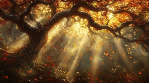 Sunlit Autumn Forest With Falling Leaves