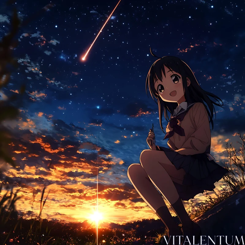 Anime Scene with Girl and Shooting Star AI Image