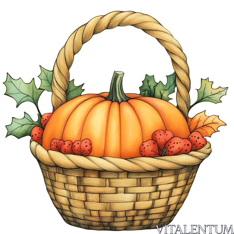 Pumpkin and Berries in Woven Basket AI Image