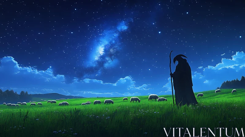 AI ART Starlit Pasture with Shepherd and Sheep