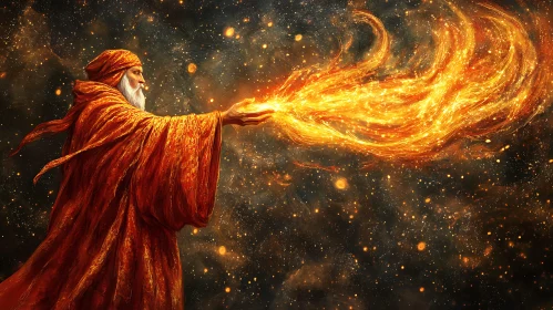 Celestial Wizard Casting Fiery Spell